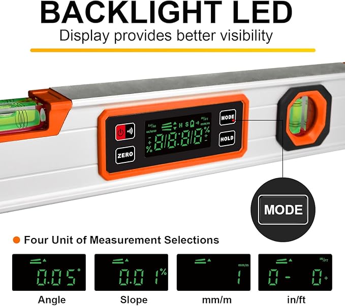 eOUTIL 15.7-Inch Digital Torpedo Level & Angle Finder – IP54 Waterproof Inclinometer with Backlit LCD, V-Groove Magnetic Base, 0.1° Accuracy – for Construction, Woodworking, Metalworking（Orange)
