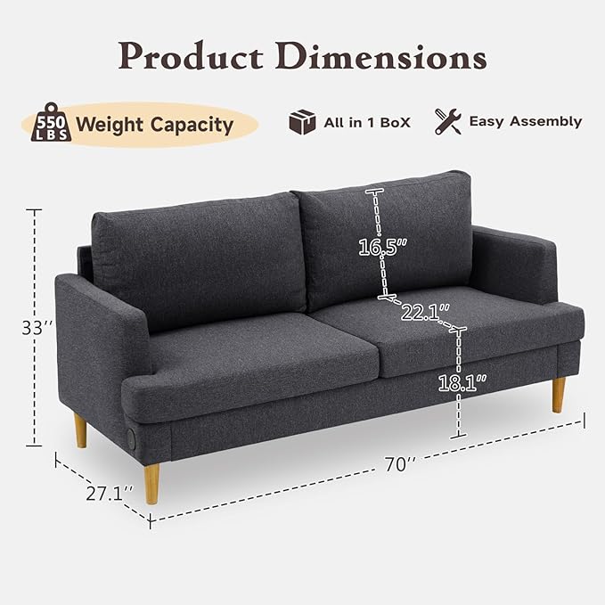 Loveseat Sofa Couch for Living Room with USB Type C Ports – Dark Gray Upholstered 70" Small Couches for Bedroom, Office or Apartment–Modern 2-Seater Deep Seating with Soft Cushions & Sturdy Frame