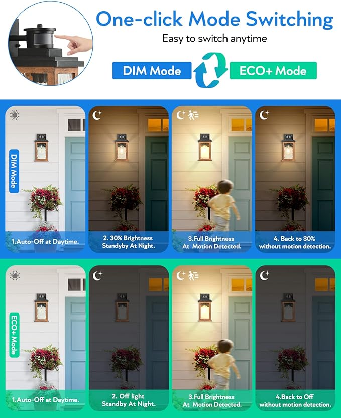 VIANIS 2 Packs Dusk to Dawn Outdoor Lighting for House, Wood Grain Motion Sensor Outdoor Lights Fixture, Garage Light Sconce Wall Mount, Lantern with Waterproof, Anti-Rust 100%, Weather Resistant