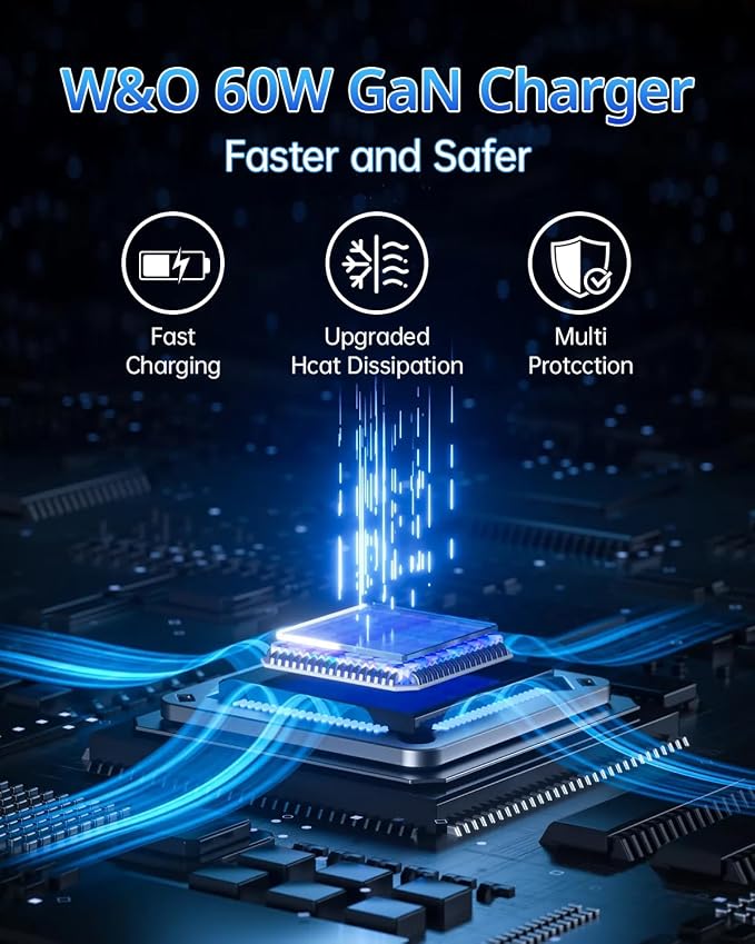 W &amp O 60W GaN Fast Charger Wall Plug Built-in Retractable USB-C &amp L Cables | Retractable Wall Charger with 47.2 Cables One Pull Charging No Cable Mess Solution for iPhone 17/16/15 Galaxy