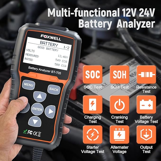 FOXWELL BT705 Car Battery Tester 24V 12V, Professional Automotive 100-2000CCA Battery Load Tester, Digital Cranking Charging System Alternator Analyzer for Heavy Duty Truck Boat Marine Shop Mechanic