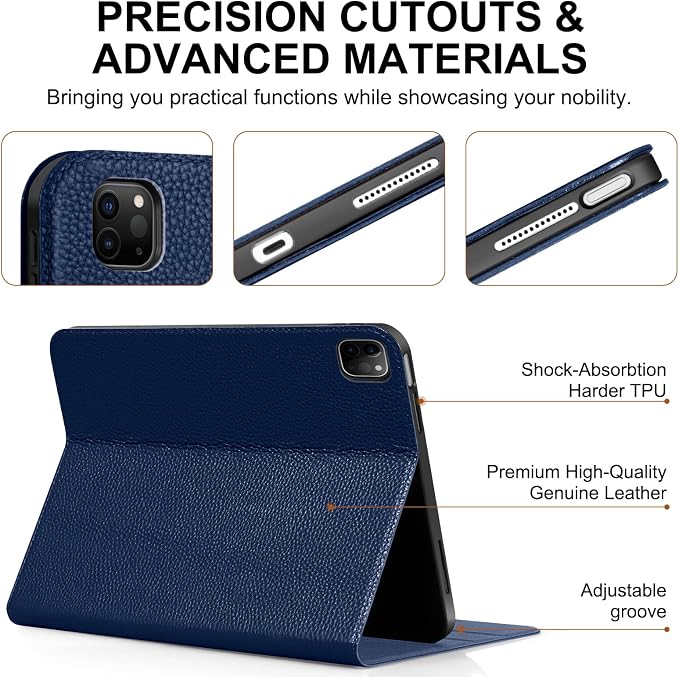 Genuine Leather Case for iPad 11th Gen 11/10th Gen 10.9 Black | Pencil Holder Adjustable Stand Auto Wake/Sleep Shockproof