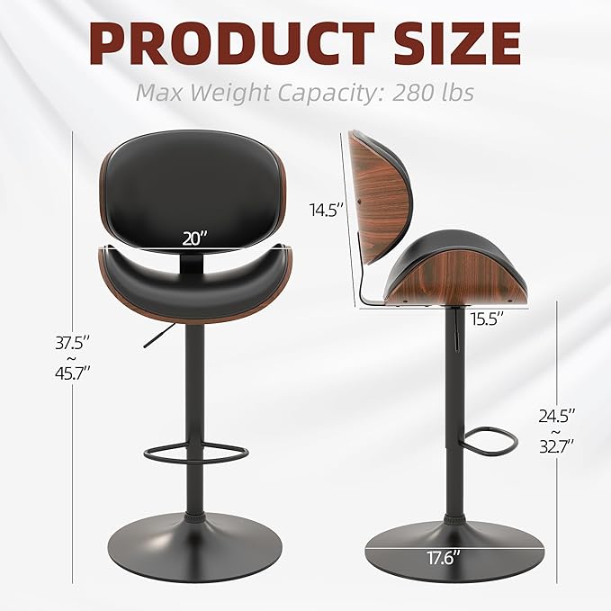 civama Bar Stools 1 PC for Kitchen Counter, Adjustable Bar Height Chairs, Modern Swivel Barstools with Bentwood Seat and Back with Footrest for Kitchen Island, Dining Room, Black PU Leather