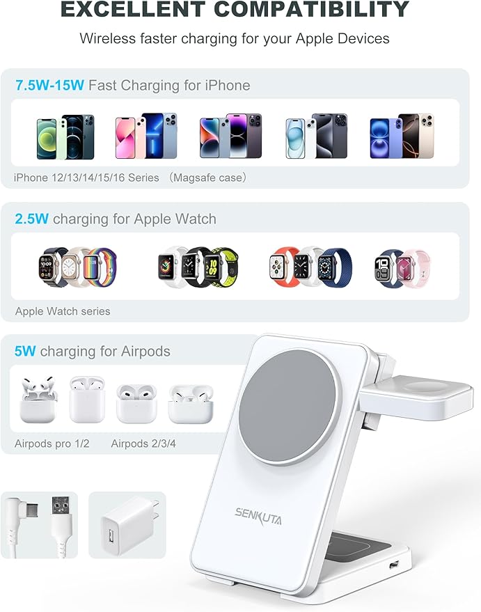 2025 Upgraded Wireless Charger for Apple: 3 in 1 Charging Station Foldable Fast for Apple iPhone 16/15/14/13/12 Max Plus Series - Portable Travel Charger for Apple Watch/Airpods Pro (White)