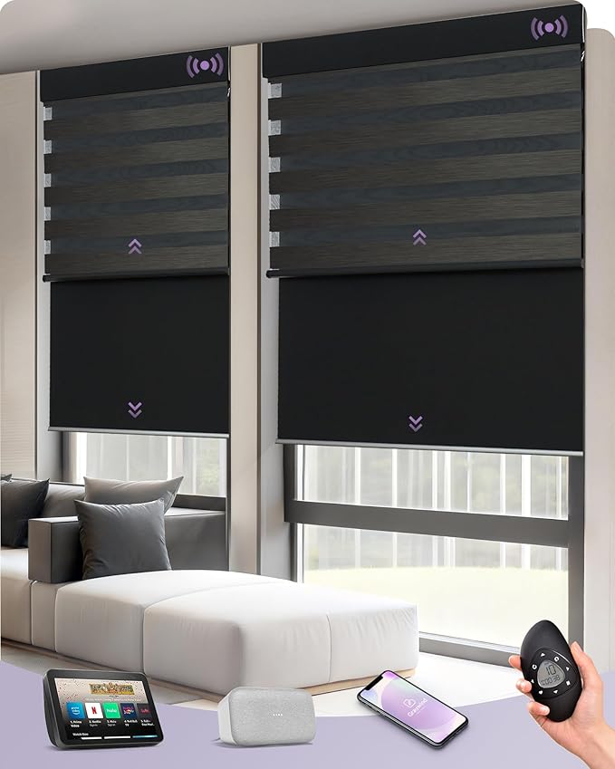 Graywind Smart Dual Shades Compatible with Alexa Google Homepod Motorized Double Zebra Blinds Matter Solar Powered, Custom Size (Black)
