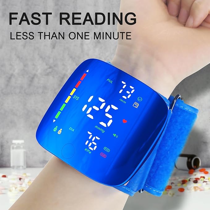 Wrist Blood Pressure Monitor, Rechargeable Blood Pressure Cuff with Large LED Screen - 2 * 99 Sets of Memory, One-Button Turn On/Off Voice & Switch User