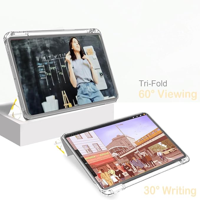 Feams Case for iPad Air 11-inch M4 2026 / M3 2025 / M2 2024 iPad Air 5th/4th Generation 2022/2020 10.9 Inch Y-Fold Standing Case Clear Back with Portrait Stand &amp Pencil Holder Beige Checkered
