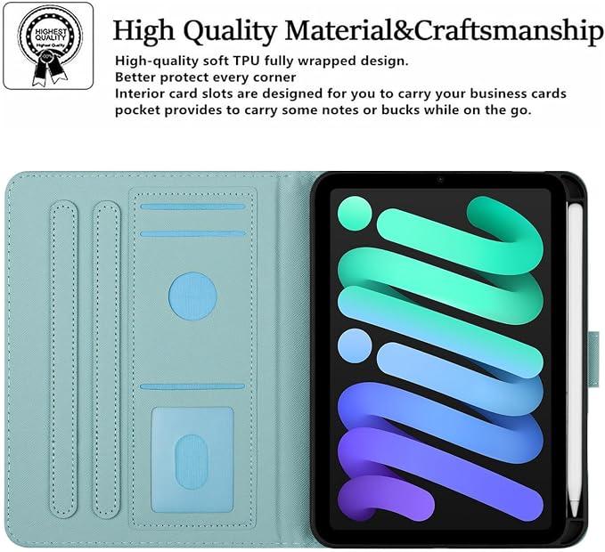 Case for iPad mini 7 A17 Pro &amp iPad mini 6 (2024/2021) Built-in Pencil Holder Premium PU Leather Folio Stand Smart Protective Cover Multi-Viewing Angles and Auto Wake/Sleep - Beach