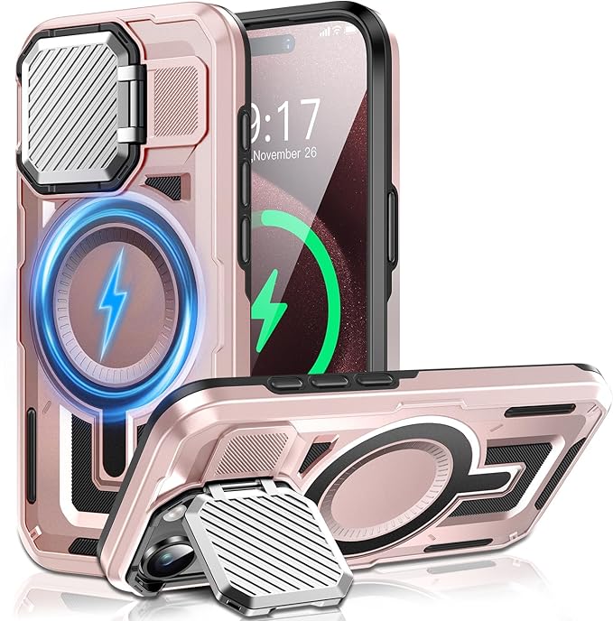 Camera Stand Case for iPhone 15 Pro Max, [Compatible with Mag Safe] [Lens Cover] 2024 Version Military Grade Protective Soft Case for iPhone 15 Pro Max 6.7 inch Men Women, Pink