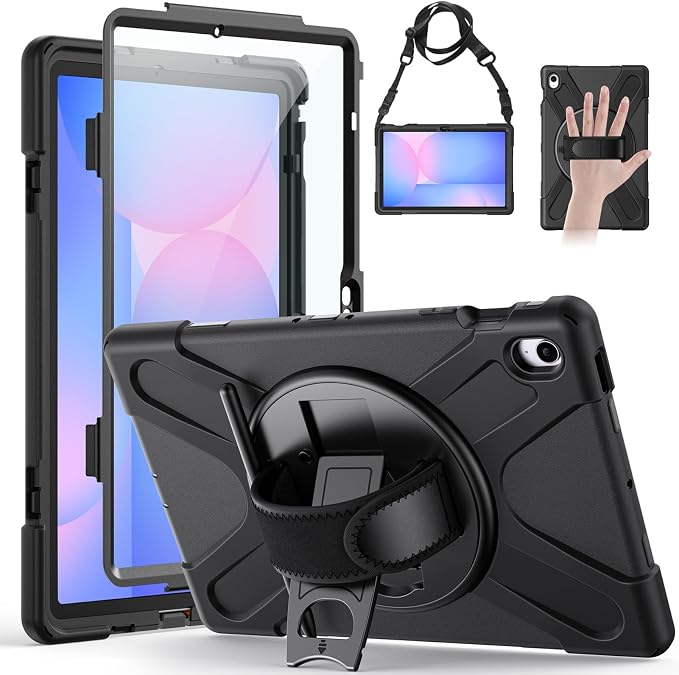 Gerutek Case for Samsung Galaxy Tab S10 FE+/ S10 FE Plus 2025 13.1 Inch Full-Body Drop Protective Case with Screen Protector Pen Holder 360° Rotate Hand Strap &amp StandShoulder Strap Black