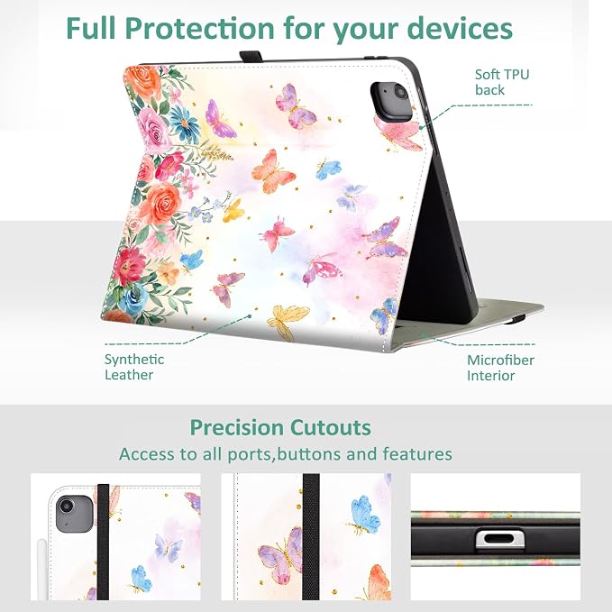 Vimorco Folio Case for iPad Air 13 inch M4/M3/M2 (2026/2025/2024)Dragonfly | for iPad Pro 12.9 inch 6th/5th/4th/3rd GenerationPencil Holder&ampPocket&ampHand StrapAdjustable Angles CoverAuto Sle