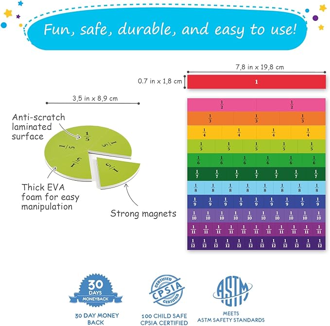 166 PCS Magnetic Fraction Tiles & Fraction Circles - Elementary Fraction Manipulatives Class Set - Magnetic Fraction Bars & Strips Fraction Kit, Fraction Magnets, Math Manipulatives - Simply Magic