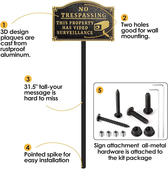 Morgtta No Trespassing - This Property Has Video Surveillance,Home Security Camera Sign with Stakes, Heavy Duty Material, Embossed Letters, 11.5"×7.5” with 31.5" Post and Upgraded Stainless Screws
