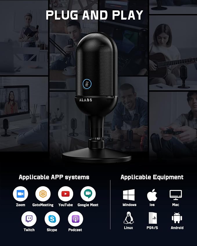 ALABS USB Wireless Cardioid Condenser Microphone for Podcast,Gaming and Home Office,100ft Signal Transmission Distance,Streaming Mic with LED Quick Mute Indicator and Noise Cancelling for PC,Mac