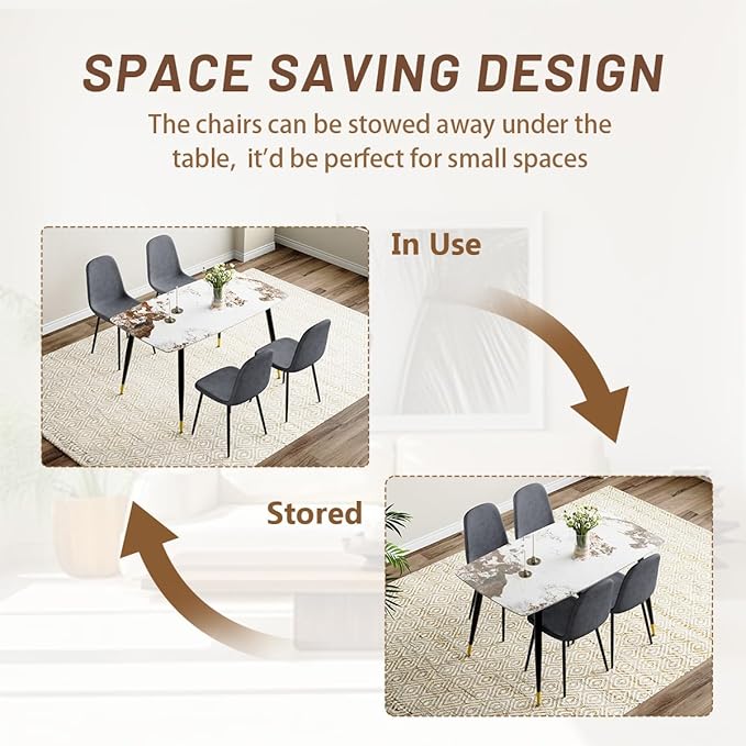 5 Piece Dining Table Set,4 Chair Dining Table Set, Sintered Stone Kitchen Table Top and Modern Chairs Set of 4 for Kitchen Dining Room, Small Space