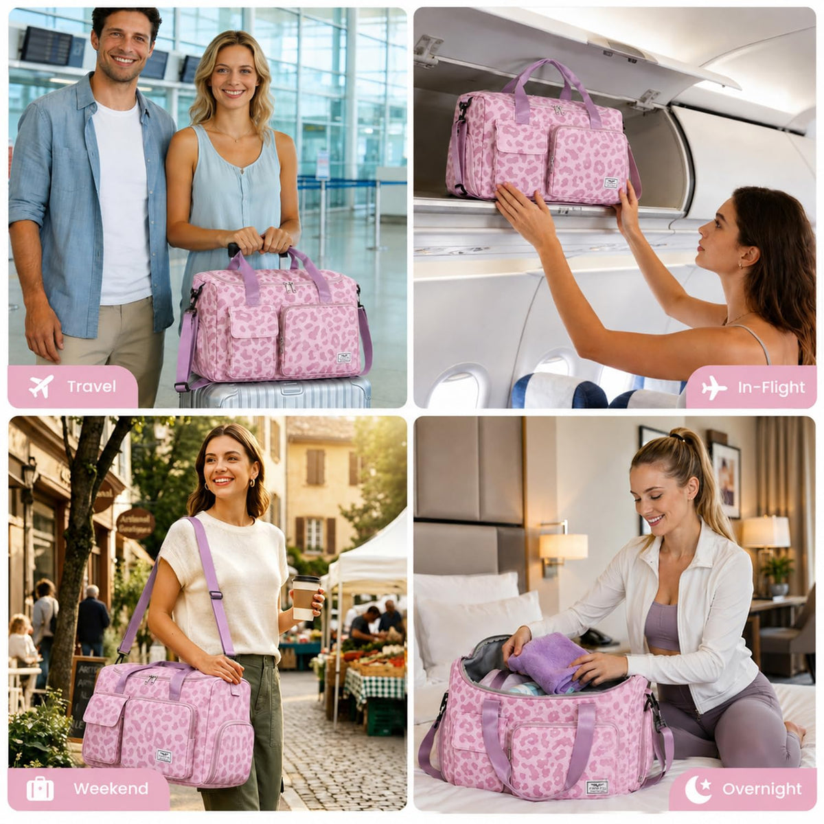 FIORETTO Women's Gym Duffle Bag with Shoes Compartment, 30L Capacity, Ideal for Travel, Gym, Sports, Duffel, Weekender, Leopard Pink