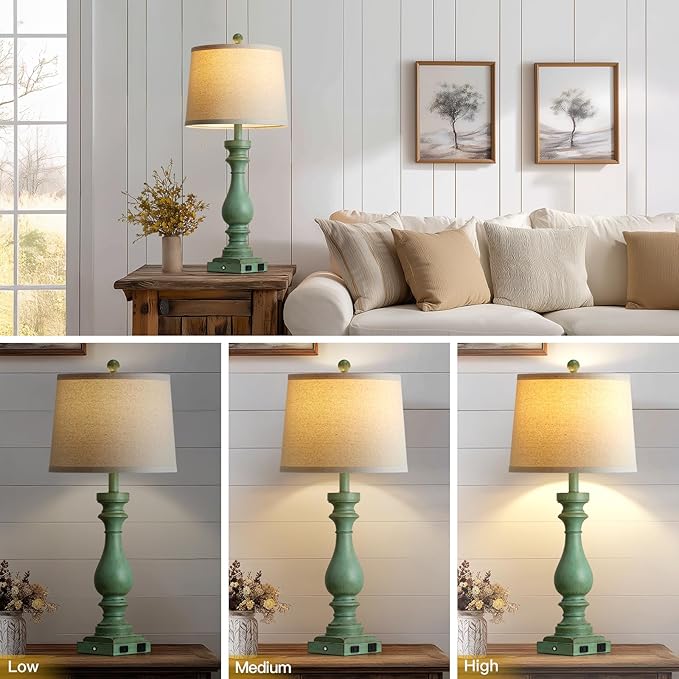 29" Tall Vintage Table Lamps Set of 2,Retro Green Bedside Lamps with USB C+A Ports & AC Outlet,3-Way Dimmable Touch Lamp for Night Stands Living Room Bedroom,Green