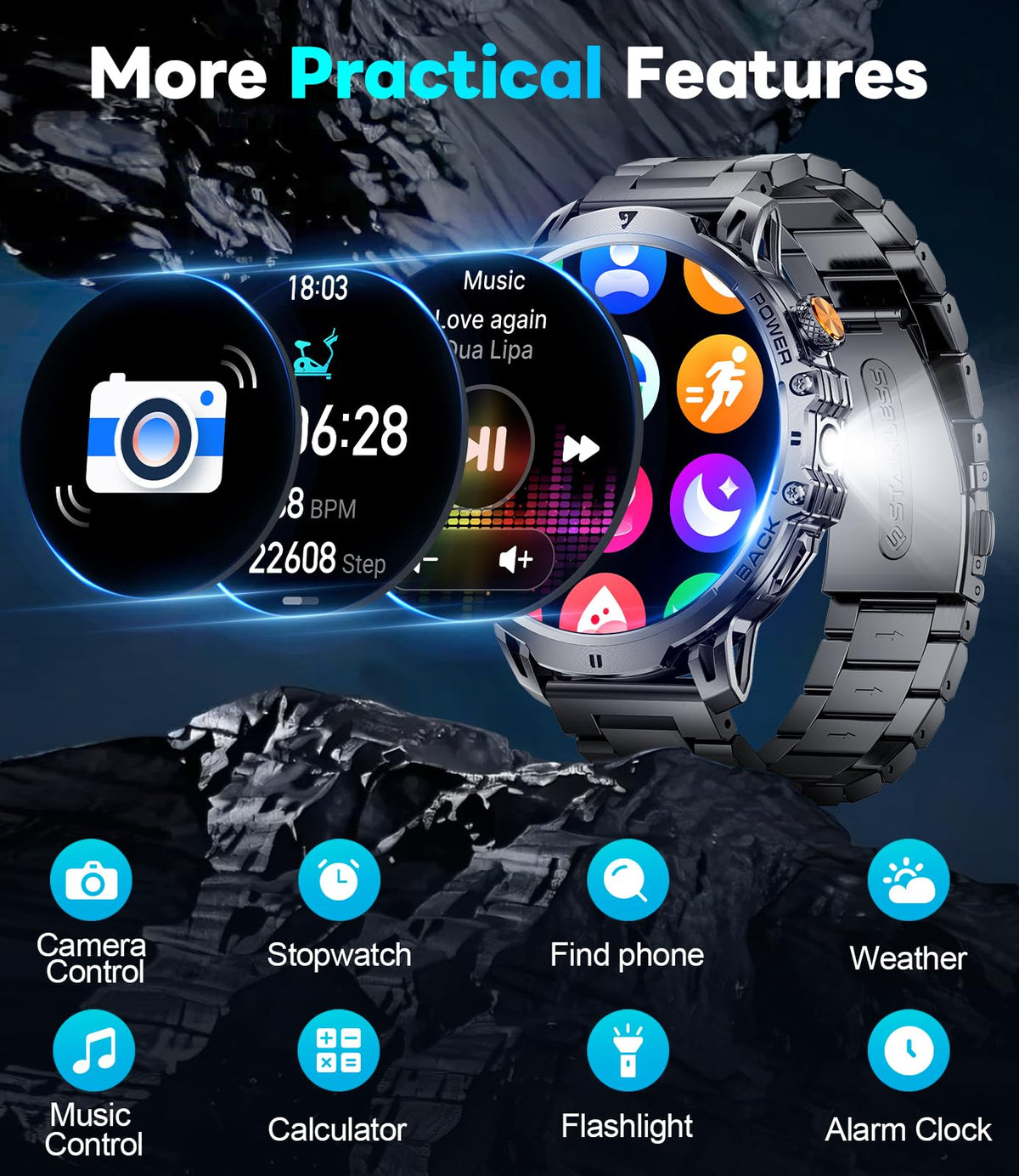 LIGE Military Smart Watches for Men(2 Bands),1000mAh/1.85" HD Large Screen Smartwatch, Flashlight/110+ Sports Modes/Sleep Monitor, Fitness Tracker Watch for Android iOS,Black