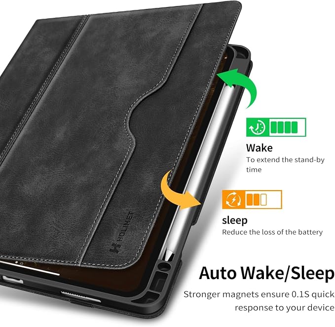 Case for iPad Pro 13 inch Case M5 2025/M4 2024 with Pencil Holder | Supports Pencil Pro/Pencil Auto Sleep/Wake Function Vegan Leather Smart Stand Cover (Black)