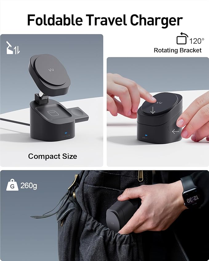 iWALK 3-in-1 Magnetic Wireless Charging Stand, 15W Foldable Charger Station for iPhone 16/15/14/13/12, Apple Watch & AirPods, Adjustable Dock with 20W USB-C Adapter