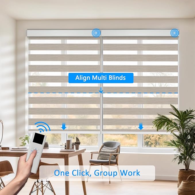 COOLWINDS Motorized Zebra Blinds for Windows Cordless Electric Curtains with Remote Control Blackout Shades Custom Smart Blinds Compatible with Alexa Google Home(Roomdarking Caramel,W38 X 72in)