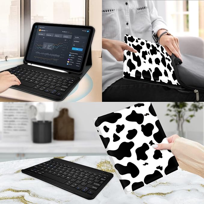 for Bluetooth Keyboard for iPad 10th Gen 10.9 inch (2022) case (A16) 11th / 10th Gen Case 11'' (2025) with 7-Color Backlights Pencil Holder Detachable Rechargeable - Black Cow