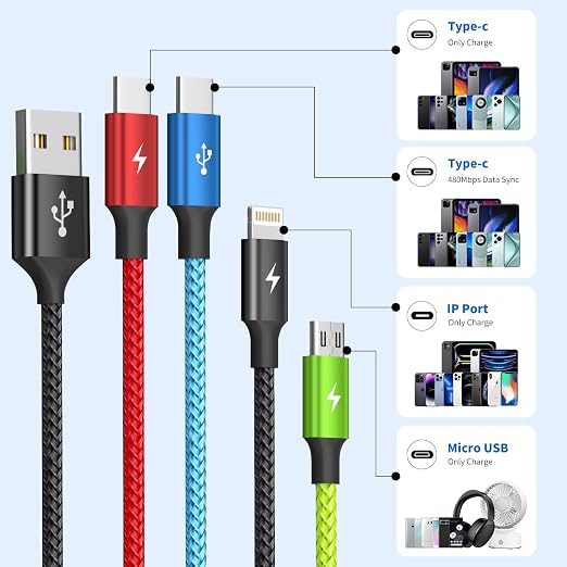 4 in 1 Multi Charging Cable 2 Pack 6FT Charging Cords for Devices | Nylon Braided USB C Car Charger Cable with Dual USB-C IP &amp Micro Ports Long Travel Charging Cord for Cars