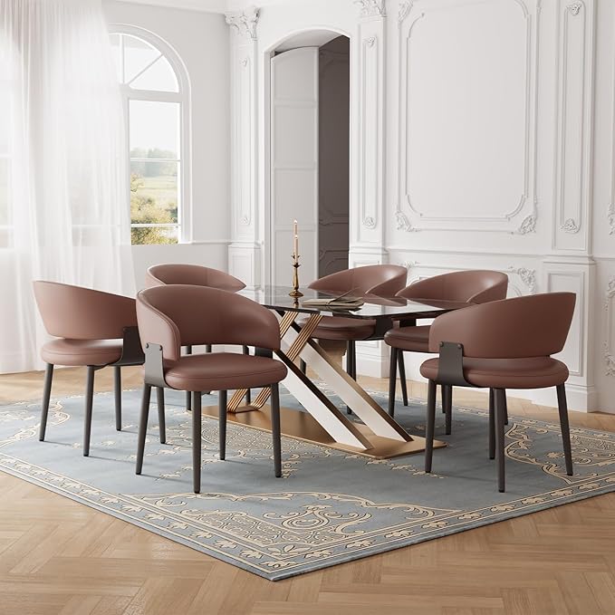 Modern Dining Chairs Set of 6, Faux Leather Upholstered Kitchen Chairs with Curved Back and Metal Legs, Mid Century Chairs for Dining Room, Kitchen, or Café (Brown)