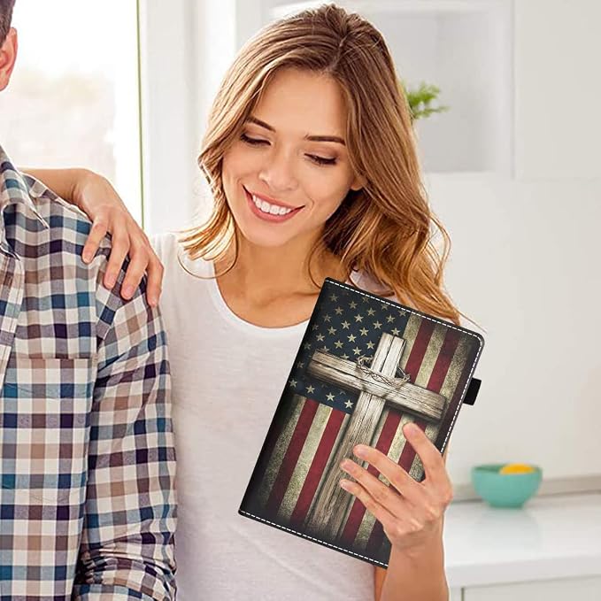 Case for All-New Amazon Kindle Fire 7 Tablet (7 Display 12th Generation 2022 Release) Premium PU Leather Stand Cover with Smart Auto Wake American Flag and Cross