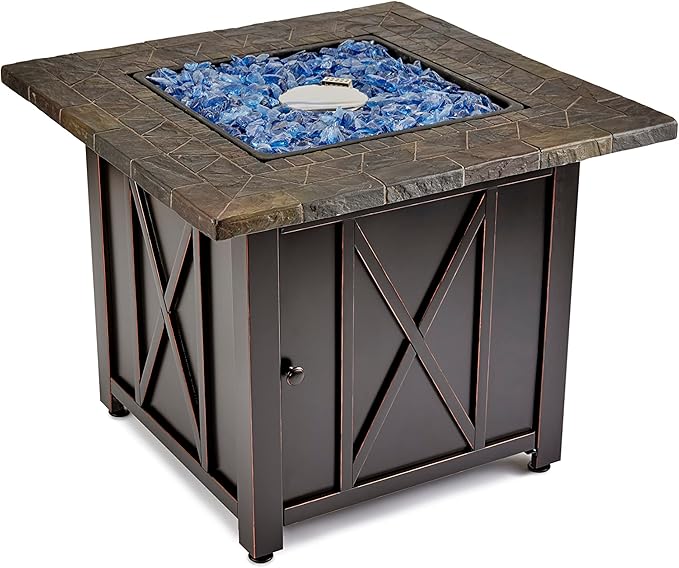Endless Summer 30 Inch Square 30,000 BTU Liquid Propane Gas Outdoor Fire Pit Table w/Push Button Ignition, Blue Fire Glass, & Steel Fire Bowl, Bronze