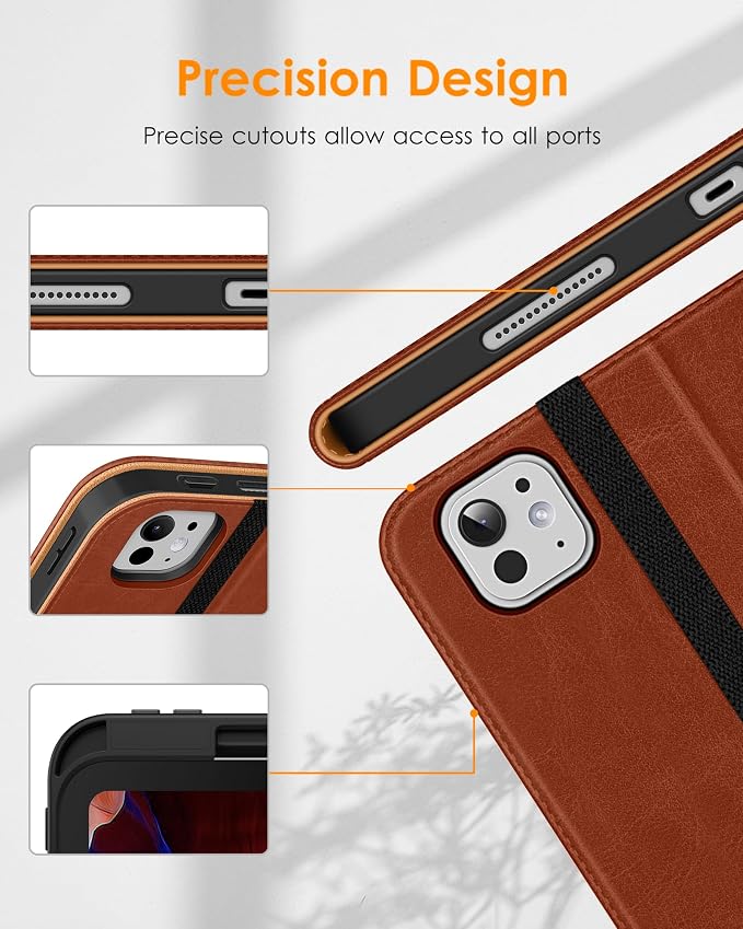 DTTO for iPad Pro 13 Inch Case (M5) 2025 / (M4) 2024 Brown | Premium Leather Business Cover with Pencil Holder Hand Strap &amp Pocket Corner Protection Auto Sleep/Wake Multiple Angles