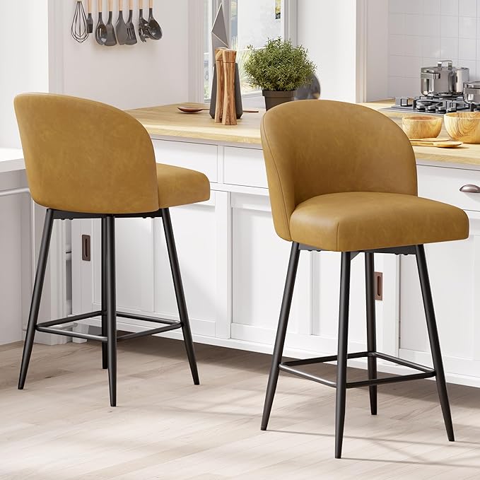Counter Height Bar Stools Set of 2,360° Swivel Barstools with High Back and Metal Legs,26" Seat Height, Upholstered PU Leather Bar Chairs for Kitchen Island, Dining Room,Cafes,Yellow