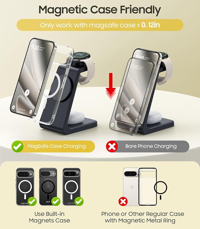 3 in 1 Magnetic Wireless Charger for Google Watch Charger Stand for Pixel Watch 3/2 Charger Stand Design for MagSafe for Pixel 10 Pro Fold/XL/10/9/8/7/6 Pro &amp Buds with Adapter(Not for Watch 4/1