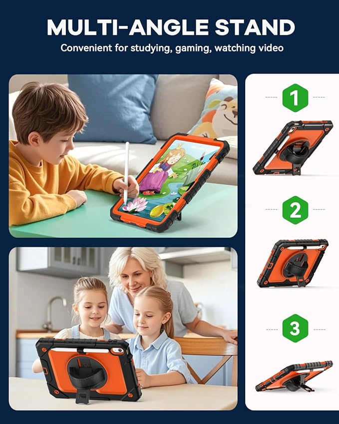 Cantis Case for iPad 11-inch (A16) 2025/ iPad 10th Generation 2022 (10.9 inch) with Screen Protector, iPad 11th Case with 360 Degree Rotating Stand/Shoulder Strap/Pencil Holder, Black+Orange