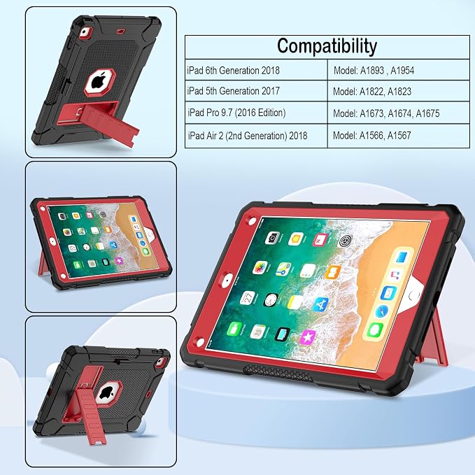 LTROP Case for iPad 6th 5th Generation (9.7 inch 2018/2017) Shockproof Protective iPad 9.7 Case with Built-in Stand/Pencil Holder for iPad 6th/5th Gen Air 2 Black