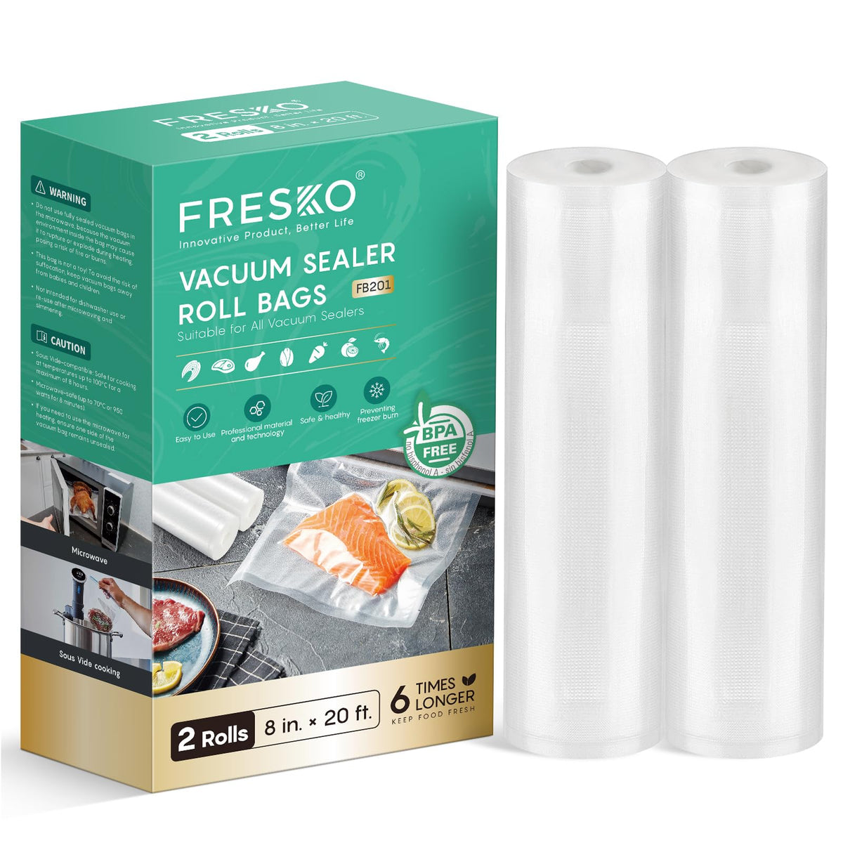 FRESKO 8"x20' Vacuum Sealer Bags for Food, 2 Rolls