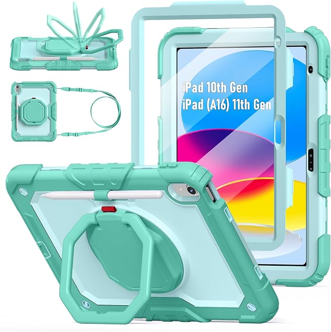 Case for iPad (A16) 11th/10th Generation 11/10.9 2025/2022 Black | Full-body Heavy Duty iPad A16 Case for Adults Kids with Screen Protector 360° Rotating Stand Shoulder Strap Pencil Holder