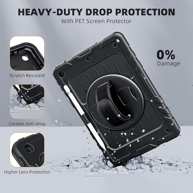 Case for iPad 9th/8th/7th Generation-Built-in Screen Protectorwith Pencil Holder&amp360°Rotating Hand StrapShoulder StrapCase for iPad 10.2 inch 2021-2019(Black)