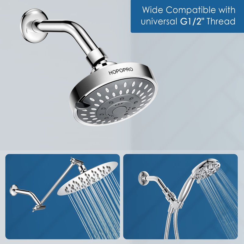 HOPOPRO 6 Inches Shower Arm with Flange - Wall Mount Replacement Angle Shower Head Arm For Fixed Handheld Showerhead - Including Teflon Tape - NBC News Recommended Brand - Stainless Steel - Chrome