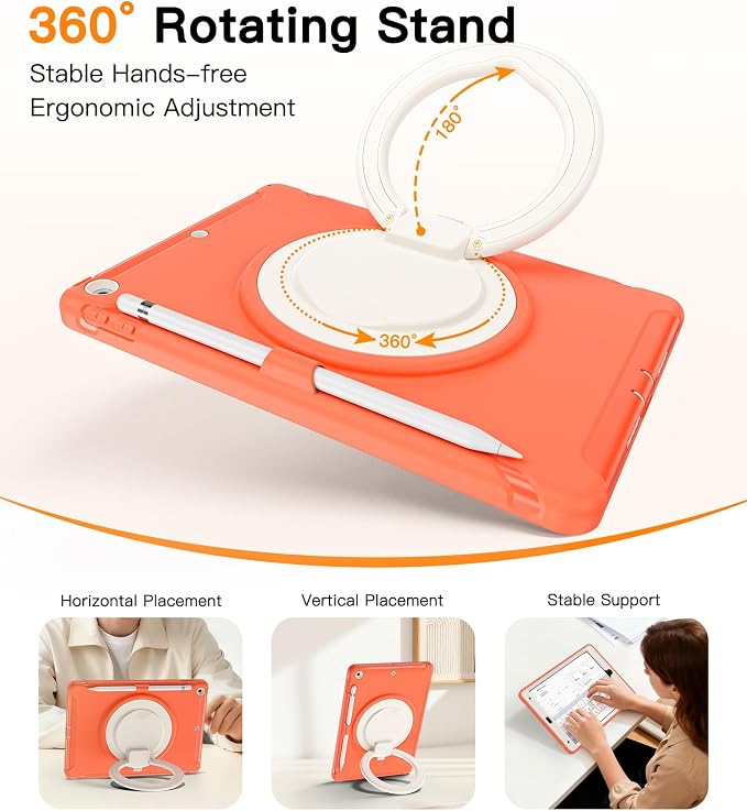 BATYUE Shockproof Case for iPad 9th 8th 7th Gen 10.2 Inch Black | 3in1 PC+TPU Heavy Duty 360° Rotatable Ring Stand for Grip Carry Hang &amp Multi-Angle View Screen Protector Pencil Holder