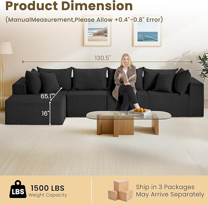 Oversize 131” Boneless Couch for Living Room, Comfort L Shaped Cloud Couch Sectional, Extra Deep Seats Corduroy Modular Sectional Sofa No Assembly,Black