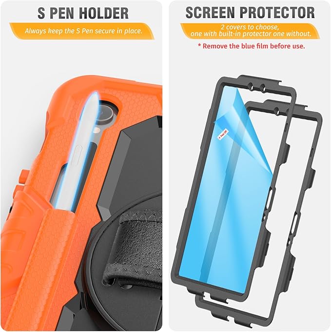 HXCASEAC Case for Galaxy Tab S10 FE / S9 FE 5G 10.9 inch, Shockproof Design with Screen Protector, 360° Hand Strap Stand, S Pen Holder, Heavy Duty Protective Samsung S9 FE / S10 FE Tablet Case,Orange