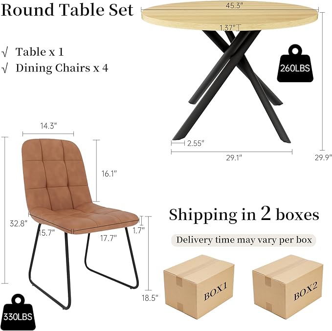 45.3 Inch Round Dining Table Set for 4, Mid Century Modern Small Kitchen Coffee Set for Dining Room Kitchen Apartment (Cream Table + 4 U-Shaped Brown Chairs)
