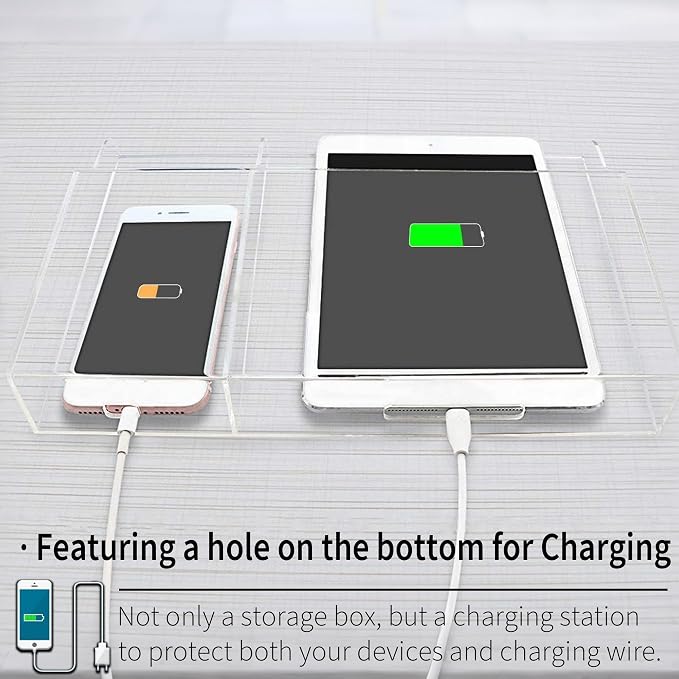 Clear Wall Tablet Holder Acrylic Wall Mounted Phone Holder for iPad Remote Control Holder Laptop Stand for eReader Storage Caddy with Charging Holes for Kindle iPhone