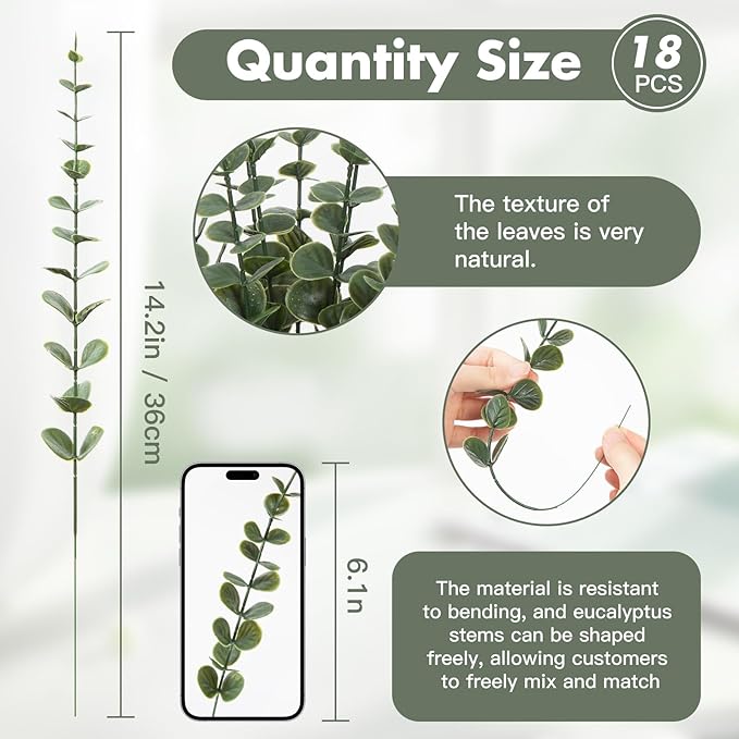 18pcs Eucalyptus Stems Dark Green Greenery Stems Fake Leaves Artificial Flowers Bouquet Faux Branches Centerpiece Flores Plants for Home Party Decor Wedding Decoration