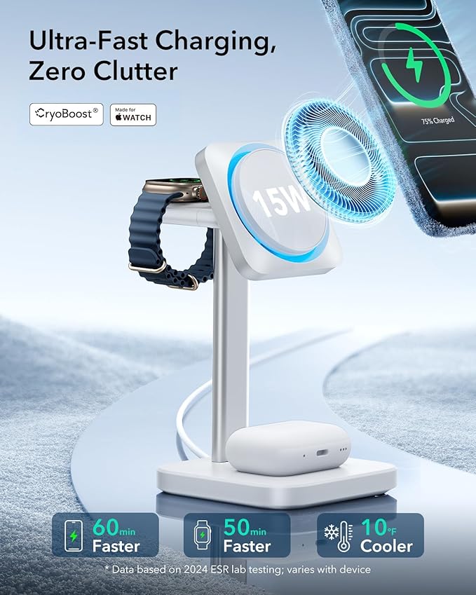 ESR for MagSafe Charger Stand, 3 in 1 Charging Station with CryoBoost, Phone-Cooling Wireless Charging, 15W MagSafe Stand, for iPhone 17/16/15/14/13/12, AirPods, Apple Watch, White