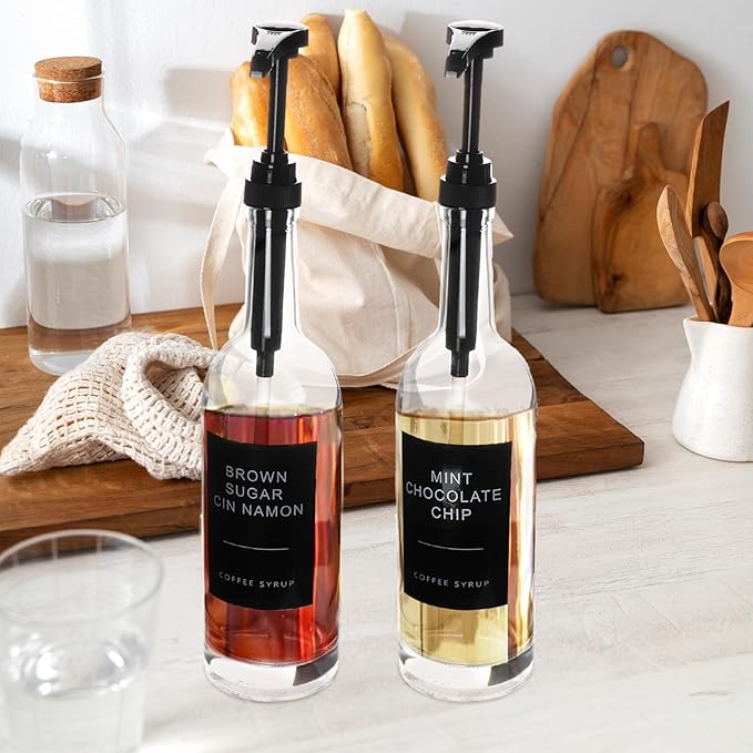 25.4 oz 750 ml Glass Coffee Syrup Dispenser for Coffee Bar With Pump & Lables Glass Syrup Bottle Included -4 Pack