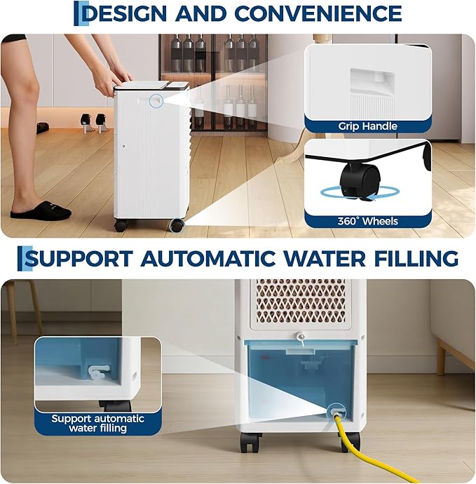 Portable Evaporative Air Cooler, 1.84Gal Touch Screen Cooler Fan with Remote Control, 3 Speeds 3 Modes LED Display, Ice Packs & Rolling Casters Included, Quiet 3-in-1 Cooling for Bedroom Home Office