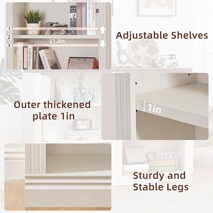 43" White Tall Bookshelf Set of 2,3-Tier Thick Wooden Book Shelf with Adjustable Shelves,Free Standing Farmhouse Bookcase with Open Display Storage,Floor Vintage Bookshelves for Living Room