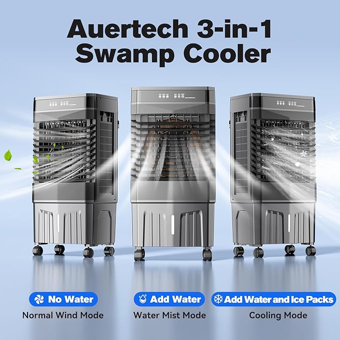 Auertech 8.5 Gal Swamp Cooler, 2800 CFM Portable Evaporative Air Cooler with 3 Speeds, Remote, 12H Timer, 120°Oscillation, Portable Air Coolers for Room, Garage, Bedroom